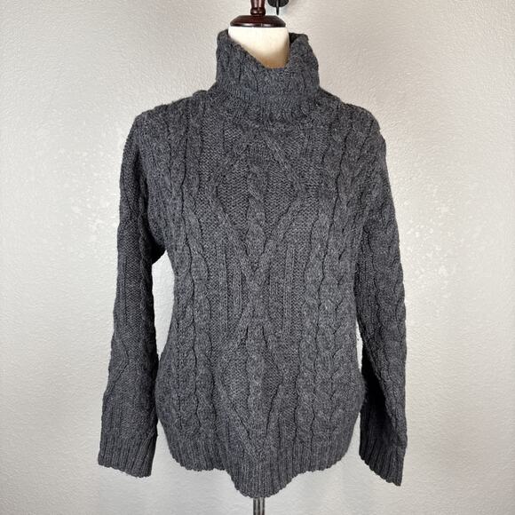 Inis Crafts Chunky Cable Knit Turtleneck Sweater Size S Heather Gray Merino Wool - Picture 1 of 6